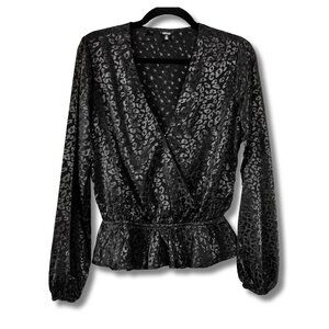 BUFFALO Black satin leopard print elastic waist peplum blouse top SMALL blouse
